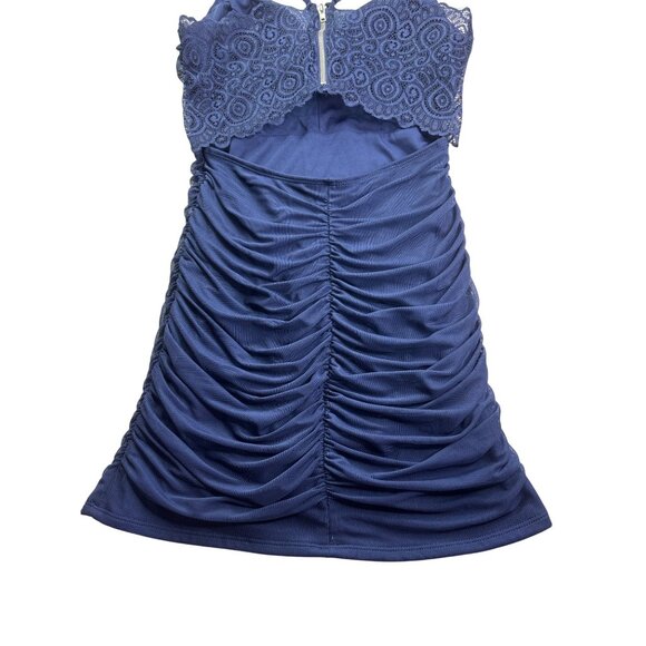 Honey and Rosie Navy Blue Mesh Lace Back Ruched Bodycon Mini Dress Size M - Picture 6 of 9